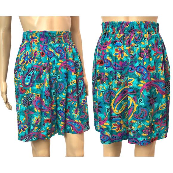 80s 90s High Waist Flowy Rayon Shorts Wide Leg Teal & Multicolor Floral Petite - Picture 2 of 10